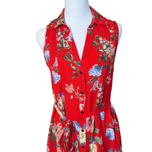 Umgee Red Floral Collared Shirt Dress Small Tie Waist Button Front Cottagecore - Picture 2 of 8